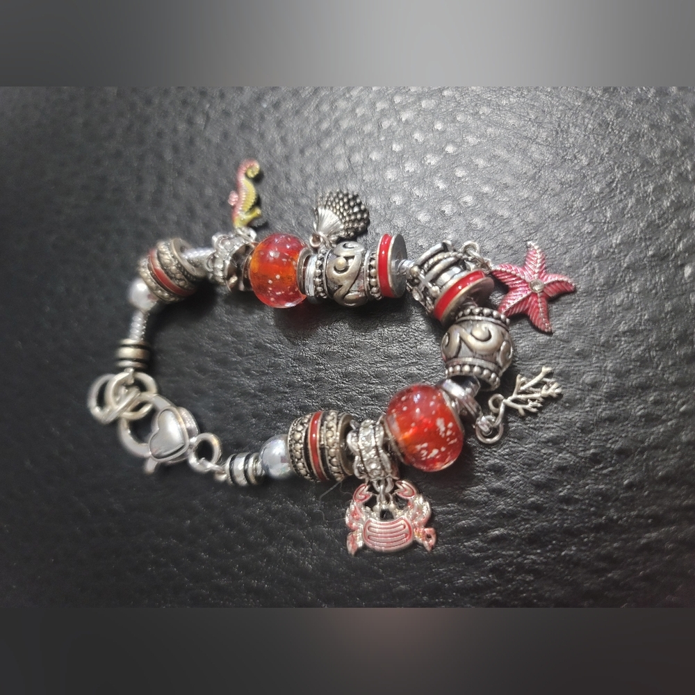 Silver and Red Charm Bracelet Coast Beach Themed